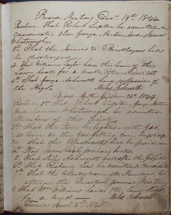 Image of a hand written page from the 1844 minute book of the Rochdale Equitable Pioneers Society.